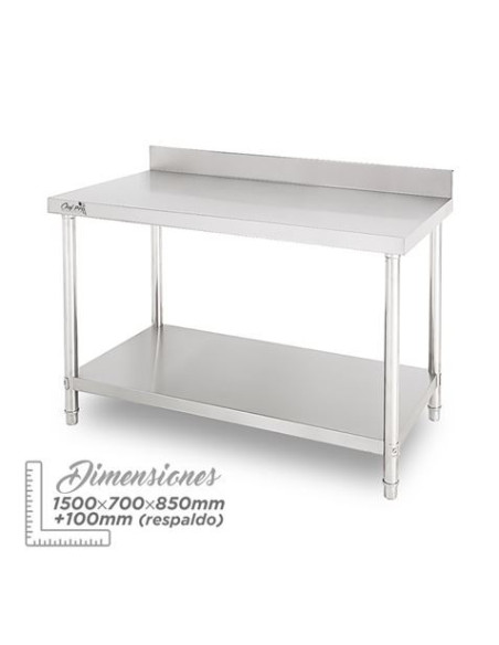 MESA DE TRABAJO ACERO INOXIDABLE 150X70X85CM CON RESPALDO CHEF PRO
