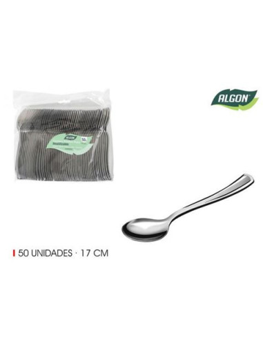 SET 50 CUCHARAS 17CM PLASTICO REUTILIZABLE PLATA ALGON
