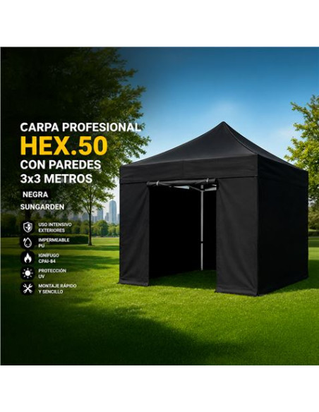 CARPA PROFESIONAL HEX.50 CON PAREDES 3X3 METROS NEGRA SUNGARDEN