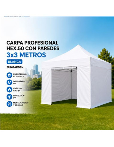 CARPA PROFESIONAL HEX.50 CON PAREDES 3X3 METROS BLANCA SUNGARDEN