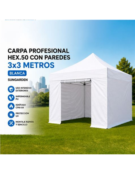 CARPA PROFESIONAL HEX.50 CON PAREDES 3X3 METROS BLANCA SUNGARDEN