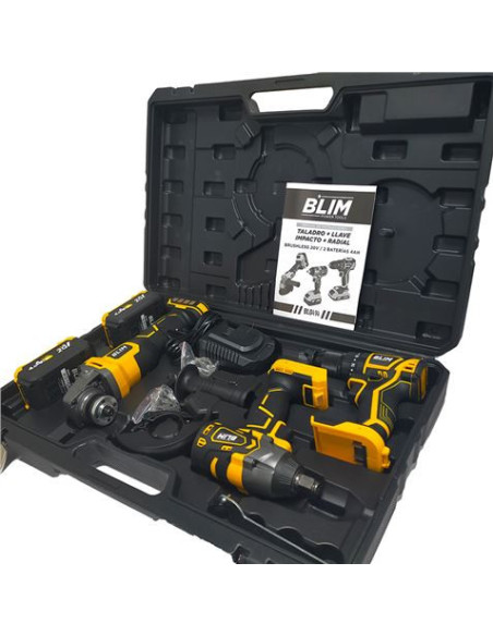PACK 20V TALADRO + LLAVE IMPACTO + RADIAL S/CARBONES | 2 BATERIAS 4AH BLIM